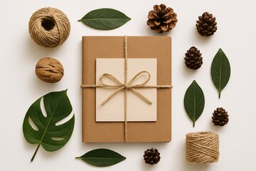Flat lay of a kraft-wrapped gift tied with jute string, surrounded by green leaves, pine cones, walnut, and twine balls on a cream background, creating a natural, rustic, and eco-friendly aesthetic id
