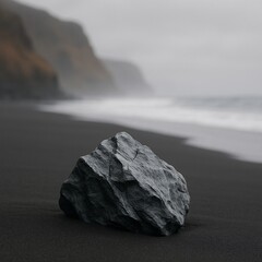 Black sand beach with a single dark rock in the foreground, misty ocean waves and cliffs in the background, creating a moody, minimal nature landscape ideal for travel, mindfulness, and calming aesthe