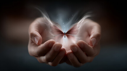 Ethereal hands releasing glowing butterfly with soft light and magical atmosphere