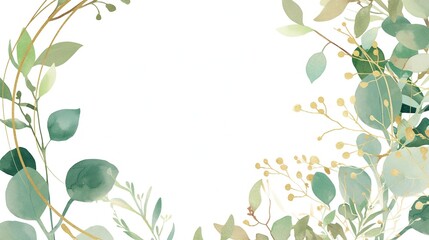 Obraz premium Minimalist eucalyptus wreath with delicate gold line art and pure white background showing elegant natural aesthetic, suitable for modern home decor, wedding invitations, design or digital wallpaper.