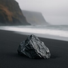 Black sand beach with a single dark rock in the foreground, misty ocean waves and cliffs in the background, creating a moody, minimal nature landscape ideal for travel, mindfulness, and calming aesthe