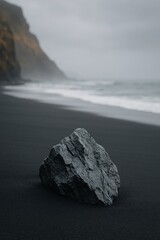 Black sand beach with a single dark rock in the foreground, misty ocean waves and cliffs in the background, creating a moody, minimal nature landscape ideal for travel, mindfulness, and calming aesthe