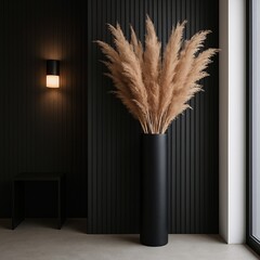 Modern interior with tall black vase holding pampas grass in minimal dark luxury living room with black textured wall, warm light, and large window, perfect for decor and background

