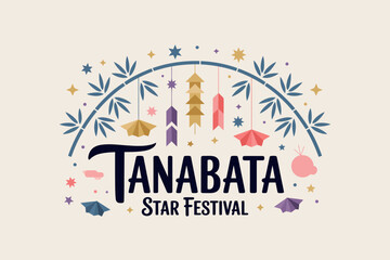 Tanabata festival logo, bamboo leaves and tanzaku, Japanese star festival, summer celebration, decorative vector, festive art