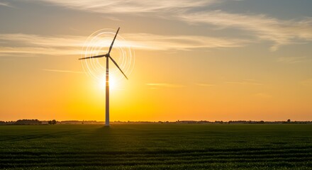 Obraz premium Wind turbine at sunset in a green field, renewable energy concept