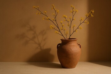 Minimalist still life of a terracotta vase with delicate yellow flowering branches casting shadows on a warm beige background, ideal for interior design, wabi-sabi aesthetic, and natural calm home sty
