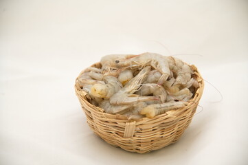 Fresh Raw Peel Shrimps or Peel Prawns on a Plate, Raw Shrimp,  (Litopenaeus vannamei) on wooden plate. 