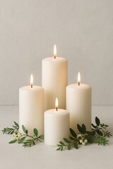 Elegant white pillar candles with green leaves on neutral background, creating a calm and serene atmosphere perfect for spa, wellness, relaxation, meditation, and peaceful home decor styling

