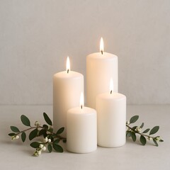 Elegant white pillar candles with green leaves on neutral background, creating a calm and serene atmosphere perfect for spa, wellness, relaxation, meditation, and peaceful home decor styling

