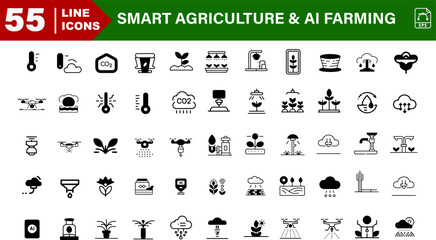 Vector Icons Set – AI Irrigation, Soil Sensor, Sprinkler, Cloud Sync Data