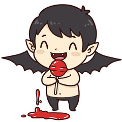 Smiling cartoon vampire child with bat wings and black hair, holding a dripping red lollipop on a light purple background.