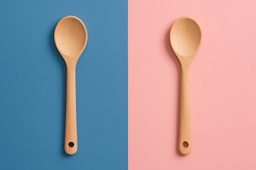 Wooden kitchen spoons on blue and pink background, perfect for cooking blogs, culinary branding, recipe content, kitchen utensil mockups, minimalist food photography and home lifestyle visuals


