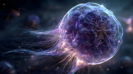 Glowing biomechanical orb with neural tendrils in void