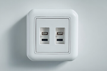 Modern dual USB wall outlet on a light gray background, showcasing functionality in a minimalistic setting