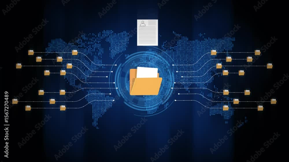 Poster technology big data global network, and document and file sharing network with connected folders on 