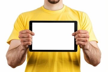 Man in Yellow Tshirt Showing Black Tablet with Isolated Screen for Presentation Your Design Here