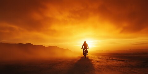 A cinematic shot of a lone biker silhouetted against a glowing sunset