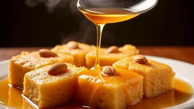 Golden honey pouring over traditional semolina cake with almonds, sweet middle eastern dessert on white plate, delicious revani pastry with syrup