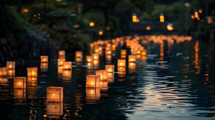 Ultra realistic night photo of hundreds of glowing paper lanterns floating on a calm river during Obon Festival in Japan. Sharp details, clean texture, no noise, natural reflection on water, peaceful 