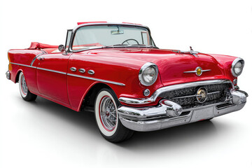 Classic red convertible car parked against a white background, showcasing its vintage design and chrome details