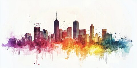 Fototapeta premium A city skyline depicted in soft, blended watercolor tones