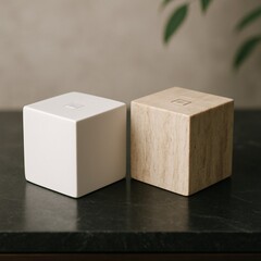 Minimalist modern wooden and ceramic cube decor objects on dark marble table with beige background, perfect for interior design, Scandinavian style, product mockup, lifestyle and branding scenes

