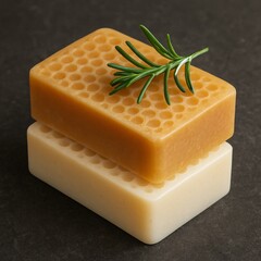 Handcrafted honeycomb beeswax and natural soap bar with rosemary on dark stone background, ideal for skincare, spa and bath wellness, clean beauty, zero waste lifestyle and organic hygiene

