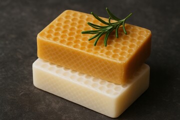 Handcrafted honeycomb beeswax and natural soap bar with rosemary on dark stone background, ideal for skincare, spa and bath wellness, clean beauty, zero waste lifestyle and organic hygiene

