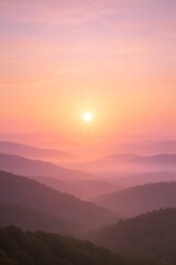 A tranquil sunrise paints soft pastel hues across rolling mist-covered mountains, creating a serene and dreamlike atmosphere.

