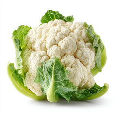 Fresh cauliflower with vibrant green leaves, isolated on a white background, ideal for culinary use