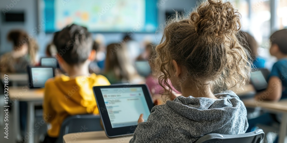 Aufkleber a classroom setting with students on tablets participating in a remote lesson