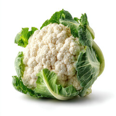 Fresh cauliflower head with vibrant green leaves isolated on a white background, ideal for culinary use