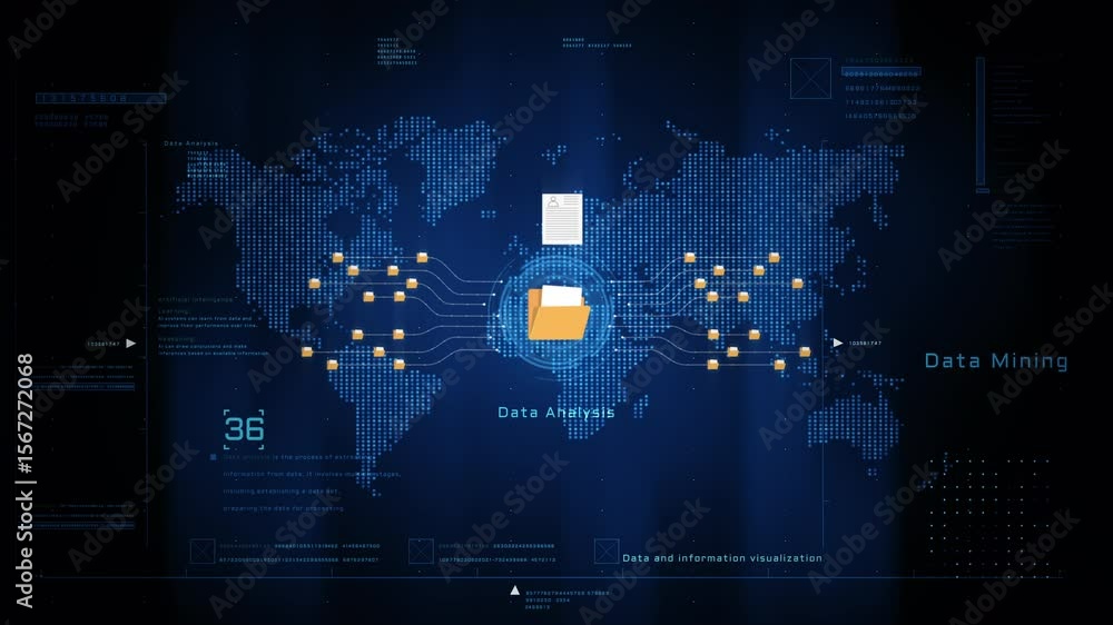 Poster digital visualization of global data network with folders, document sharing, and big data analysis e