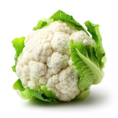 Fresh cauliflower surrounded by vibrant green leaves, showcasing its natural texture and color