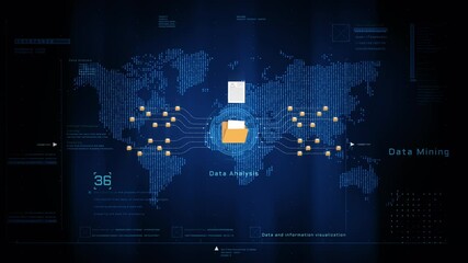 Digital visualization of global data network with folders, document sharing, and big data analysis elements over a blue world map, ideal for cloud, AI, and information systems. Technology background - Powered by Adobe