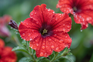 Vibrant Red Petunia Flower Covered with Fresh Water Drops Close-Up