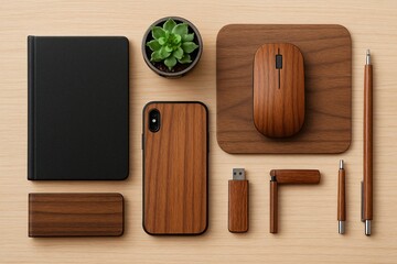 Flat lay of eco-friendly modern workspace with wooden accessories including mouse, phone case, USB, notebook, and succulent plant on a light wood desk, symbolizing minimal and sustainable design.

