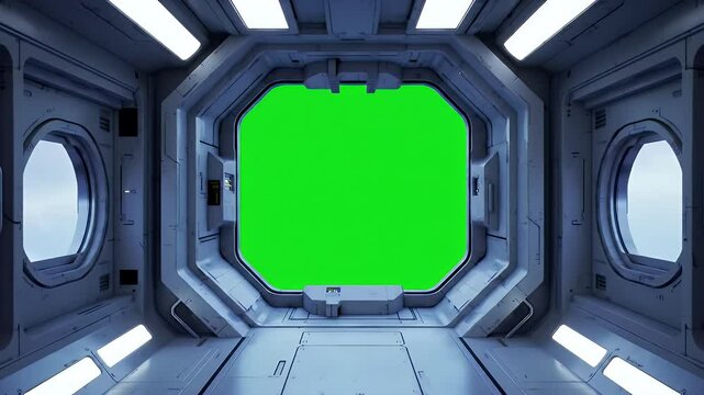 Sleek Gray Futuristic Interior with Green Chroma Key Doorway and Ambient Lighting for Adobe Stock