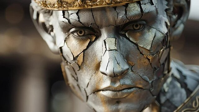 Broken Facade of a Statue with Intricate Gold Crown Detail with ai generated
