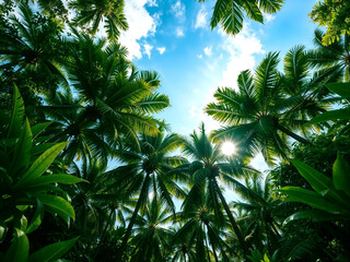 View of tropical palm trees from below towards the blue sky, perfect for summer, vacation, and nature visuals. Generative AI