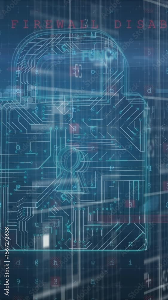 Poster animation of data processing and padlock on blue background