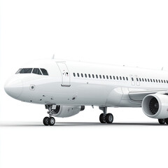 Sleek white airplane parked on tarmac under clear blue sky with distant airport terminal