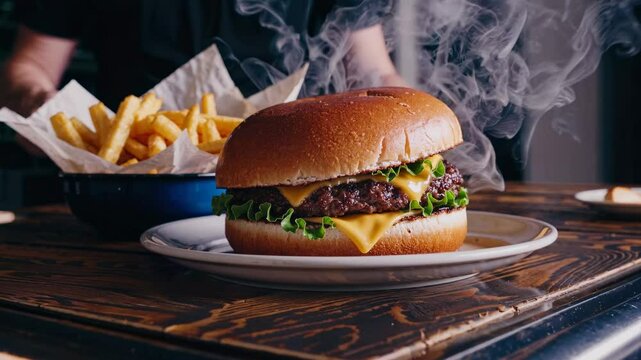 Top-down view of burgers and fries on a rustic wooden table, perfect for a food video. Warm lighting enhances the casual dining vibe.