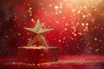 Christmas background with golden star on red bokeh light background, Ai Generated