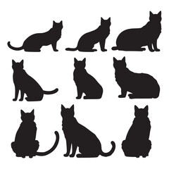 A collection of nine cat silhouettes each in a different pose against a white background