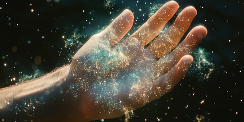 A close-up of hands covered in starry textures, dissolving into space.