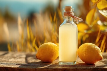 Bottle of white lemonade and two lemons on an old wooden table with blurred grass in the background. Warm, yellow light creates a cozy atmosphere