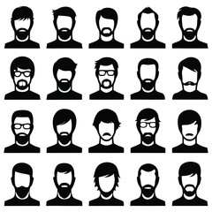Collection of twenty abstract male faces with various hairstyles and beards in black and white, representing different men's styles.