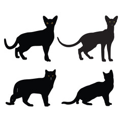 Four black cat silhouettes with yellow eyes are arranged on a white background