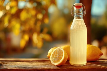 Lemonade in a vintage bottle sits on a rustic wooden table with fresh lemons, bathed in warm sunlight against a blurred natural background